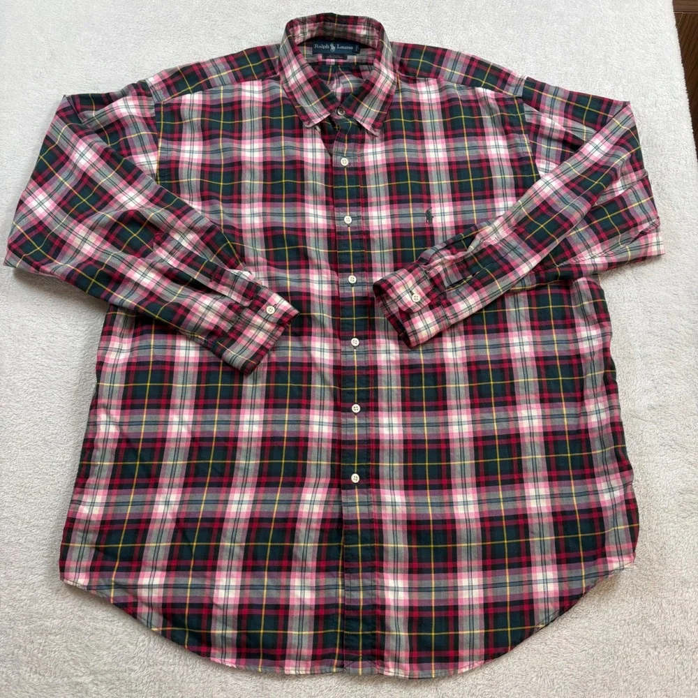 Polo Ralph Lauren Blake Mens XL Pink Green Plaid Cotton Button Down Shirt Preppy